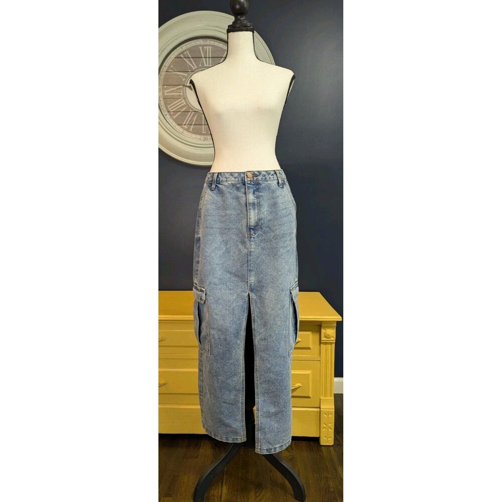 Love Fire Cargo Denim Skirt Women'S 7 Blue Front Slit Medium Wash Utility Y2K